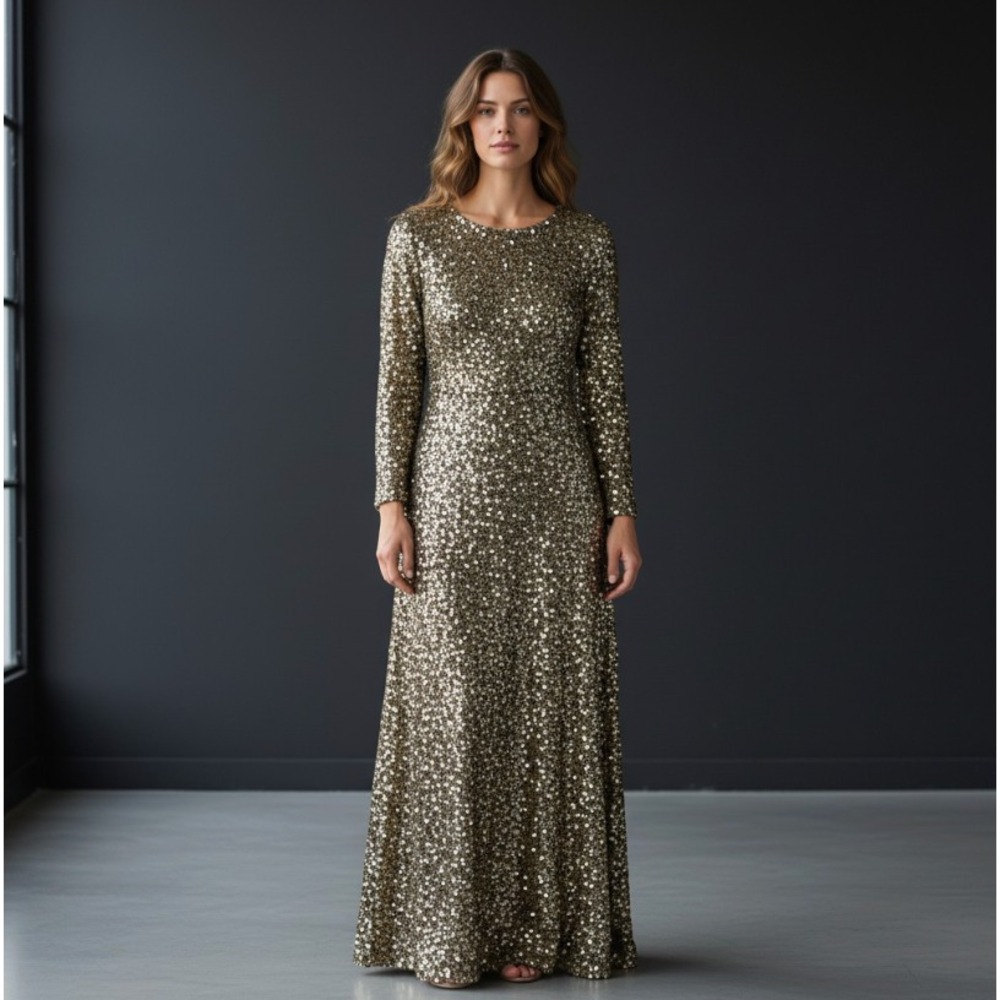 VTG Jill Richards Formal Dress Womens 12 Gold Black Sequin Gown Old Money 70s